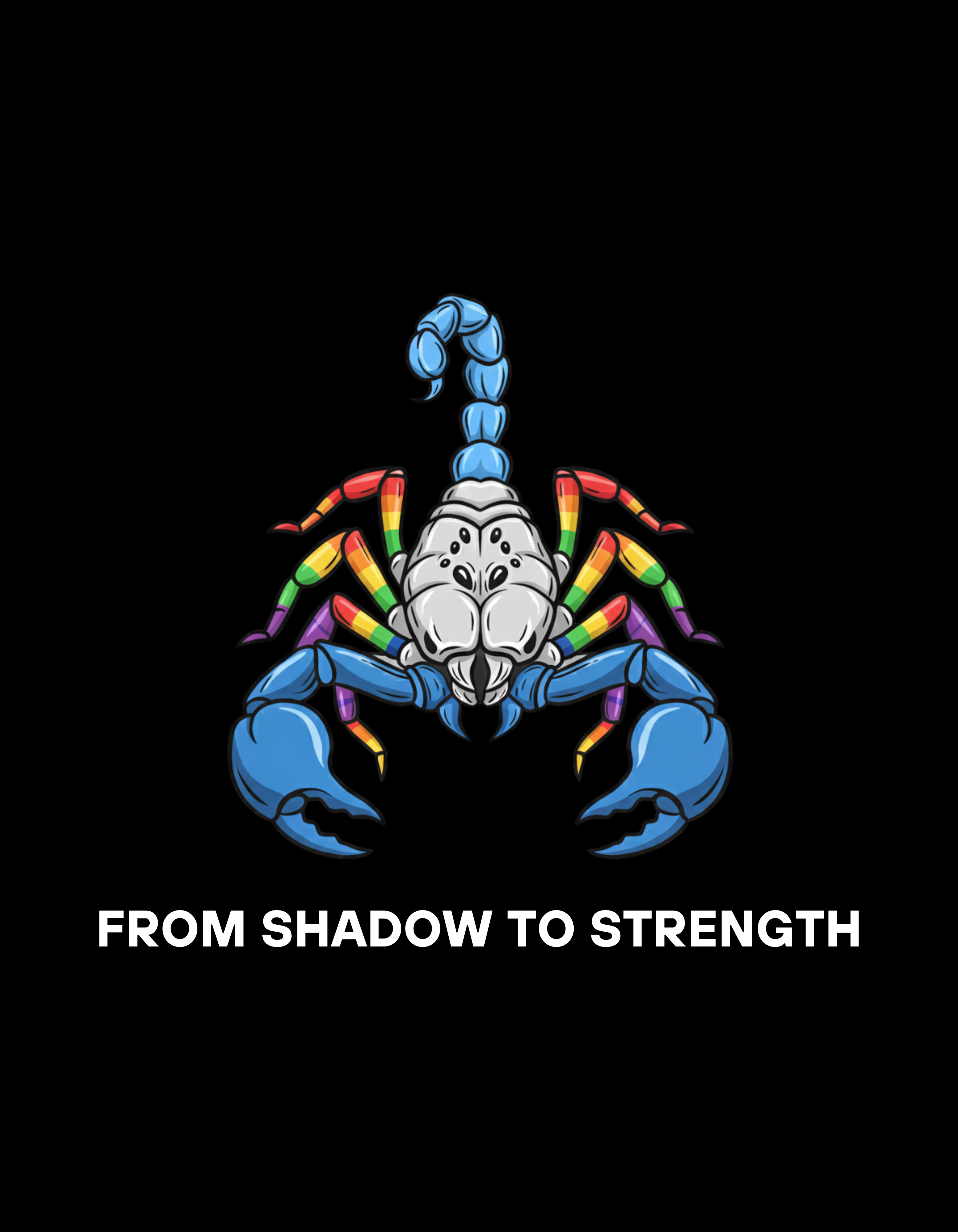 Scorpio symbol with rainbow-colored tail on a black background and 'From Shadow to Strength' text.