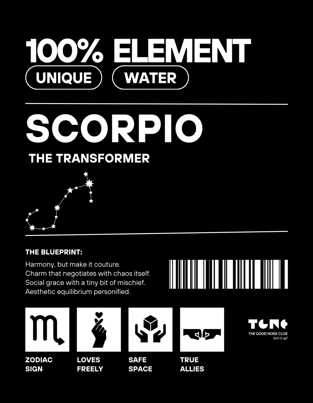  Scorpio zodiac sign card with branding and symbols on a black background
