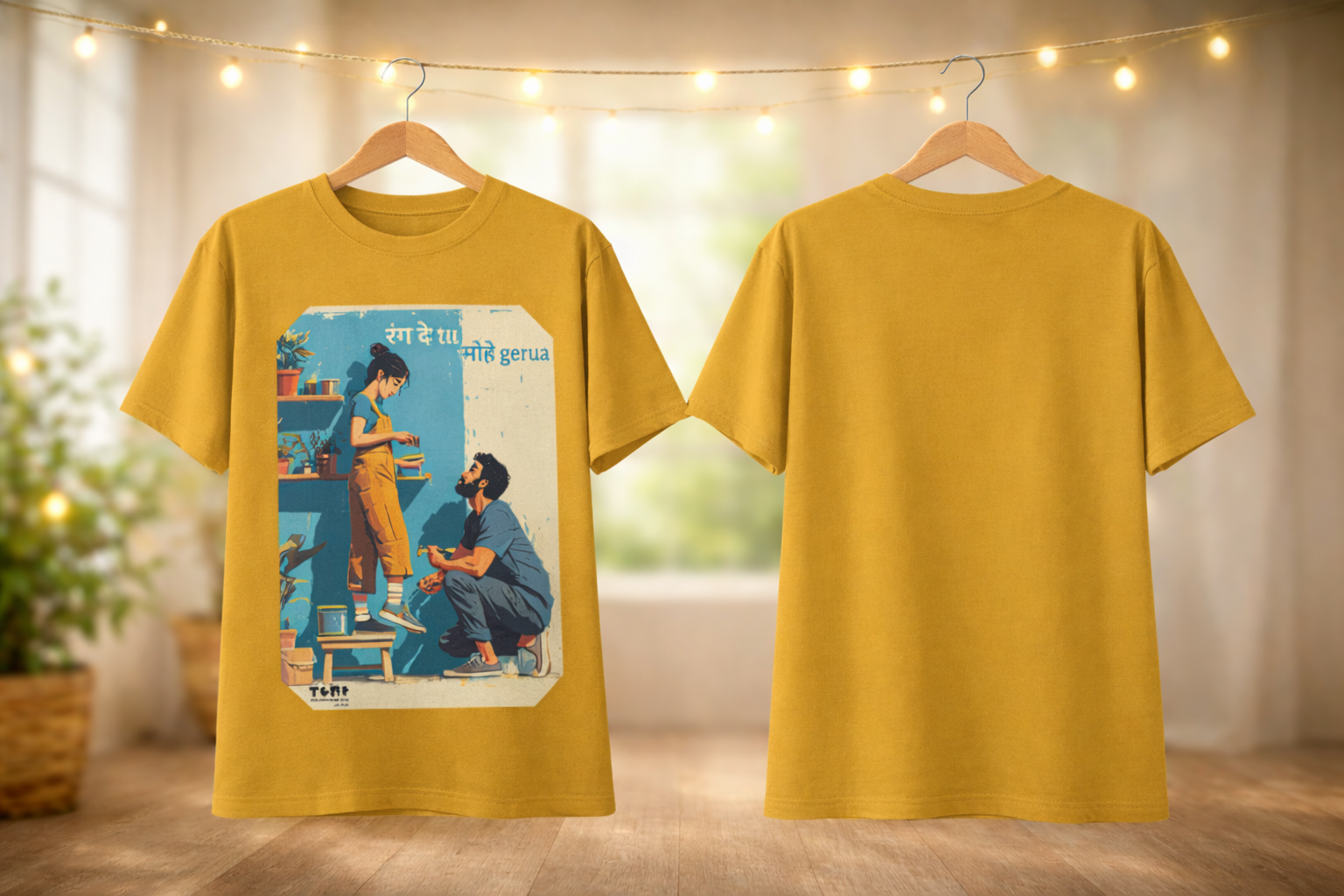 Yellow t-shirt with a graphic design on a hanger against a blurred indoor background.