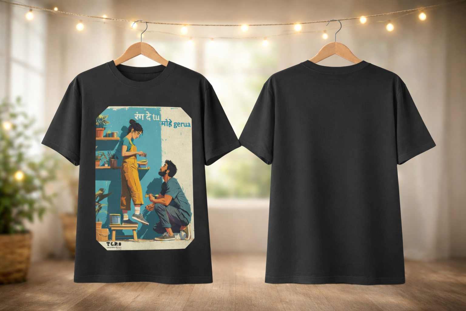 Black t-shirt with a colorful graphic on the front and plain back, hanging against a neutral background.