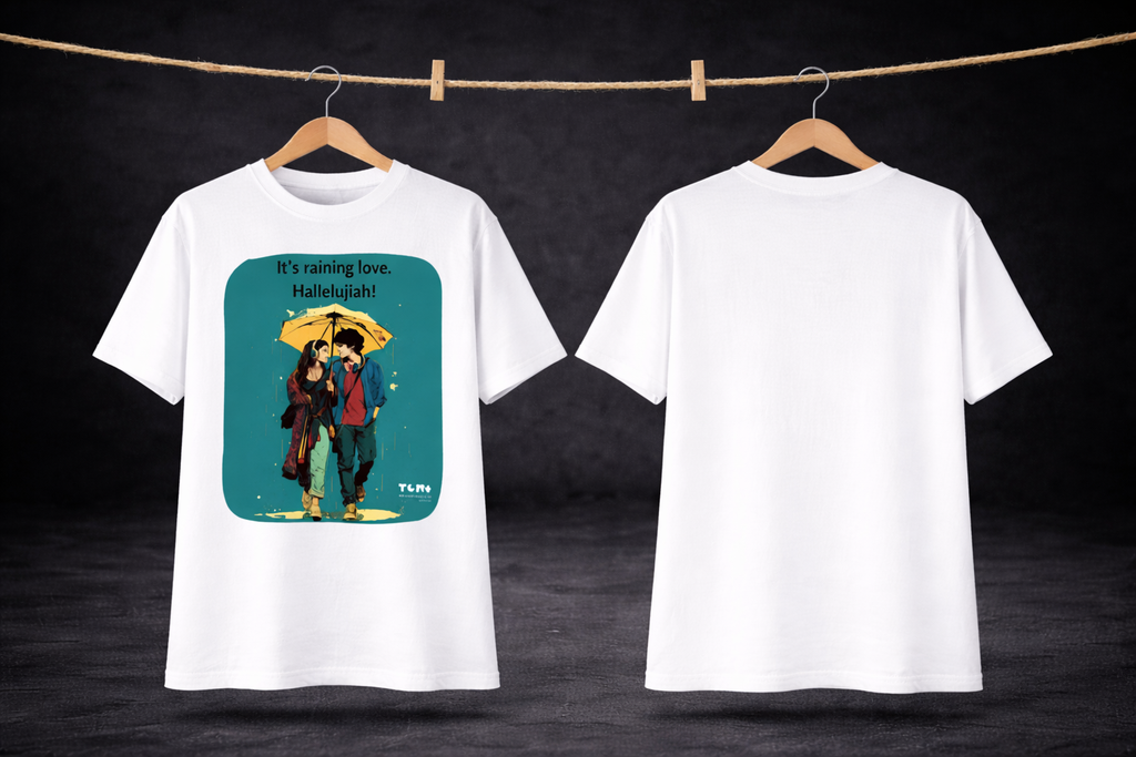 White t-shirt with a colorful graphic design on a dark background