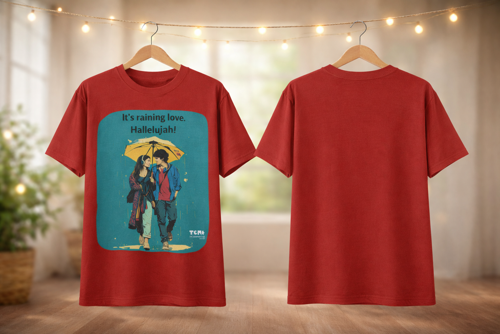 Red t-shirt with a graphic design of two people under an umbrella and text, displayed on hangers against a neutral background.