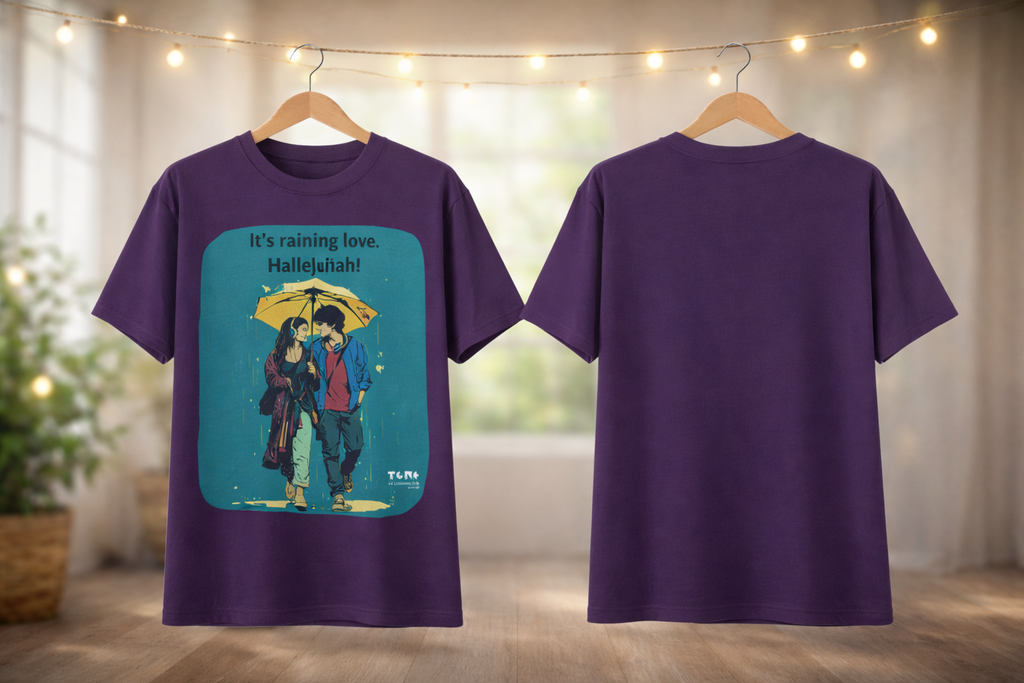Purple t-shirt with a graphic design of two people under an umbrella and text, displayed on hangers against a neutral background.