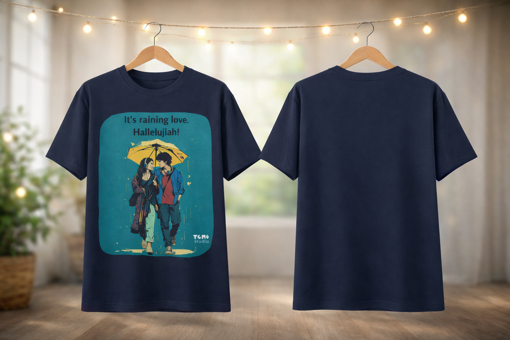 Navy blue t-shirt with a colorful graphic and text on a wooden floor.