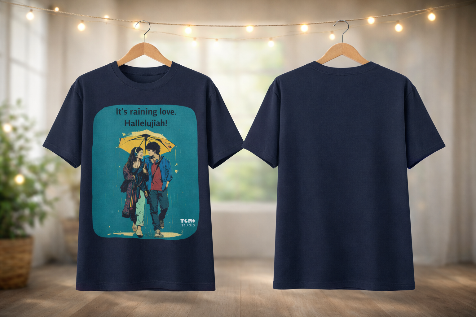 Navy blue t-shirt with a colorful graphic and text on a wooden floor.