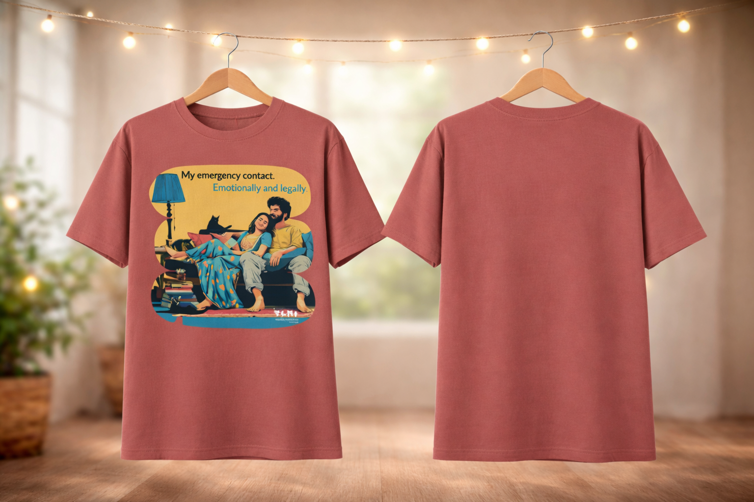 Red t-shirt with a colorful graphic on the front and plain back, hanging against a neutral background.