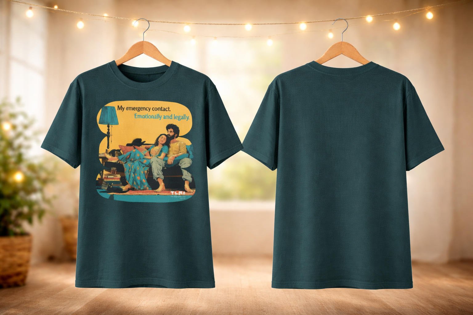 Teal t-shirt with a graphic design on a hanger against a blurred indoor background.