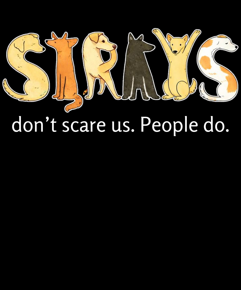 Cartoon dogs forming the word 'SIRIUS' with a message 'don't scare us. People do.' on a black background.