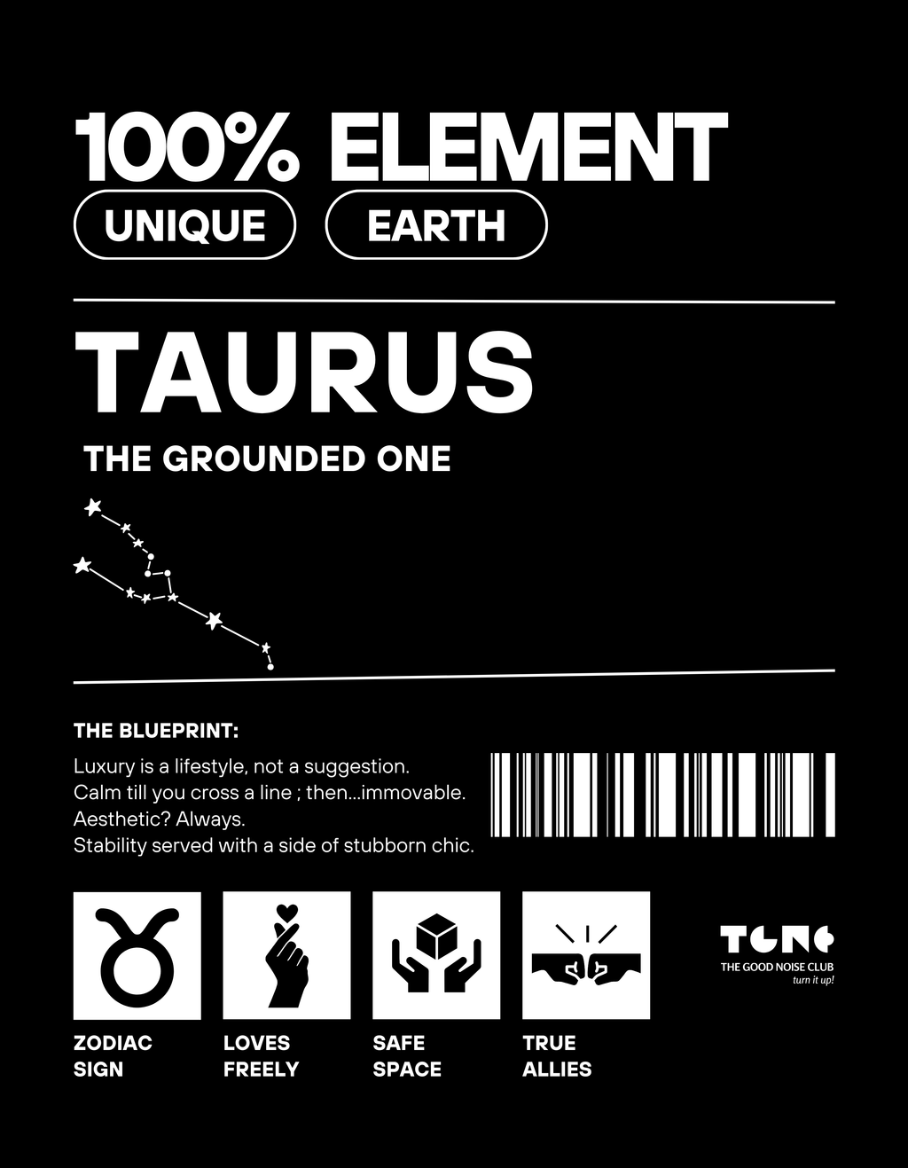100% Element Taurus zodiac card with astrological symbols and text on a black background