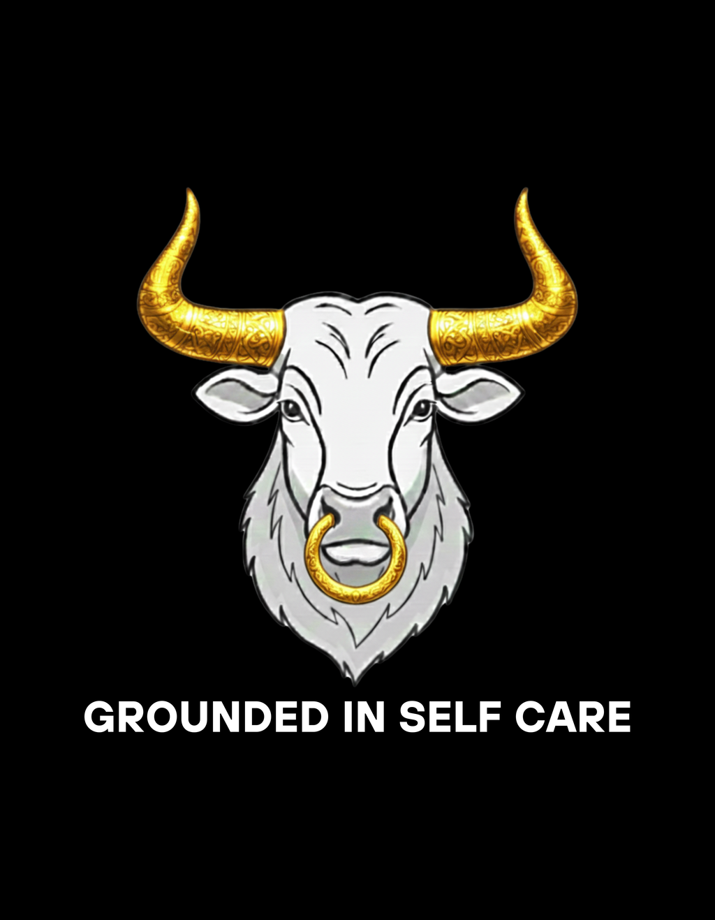 White bull with gold horns and a gold ring on a black background with 'Grounded in Self Care' text.