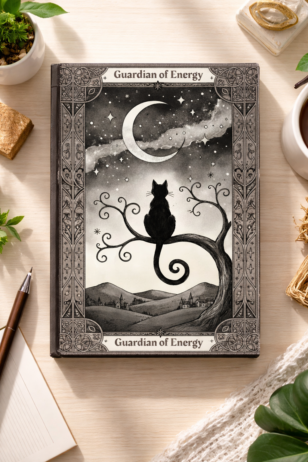Book titled 'Guardian of Energy' with a cat illustration on a wooden surface.