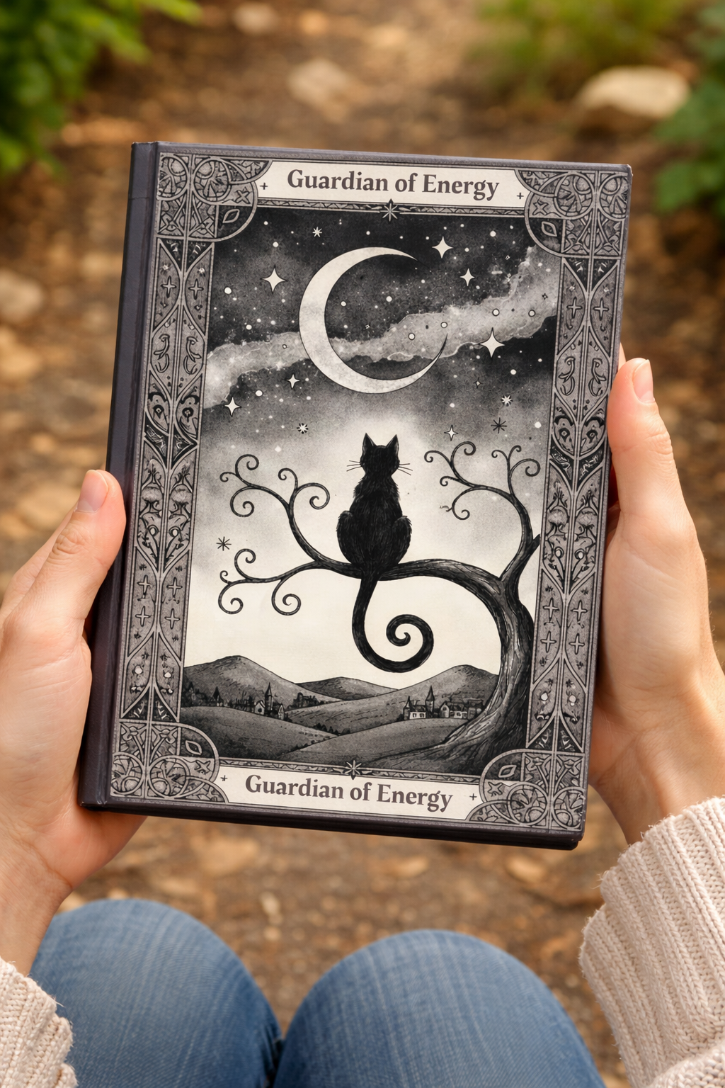 Book titled 'Guardian of Energy' held by a person with a black and white illustration of a cat on a tree branch.