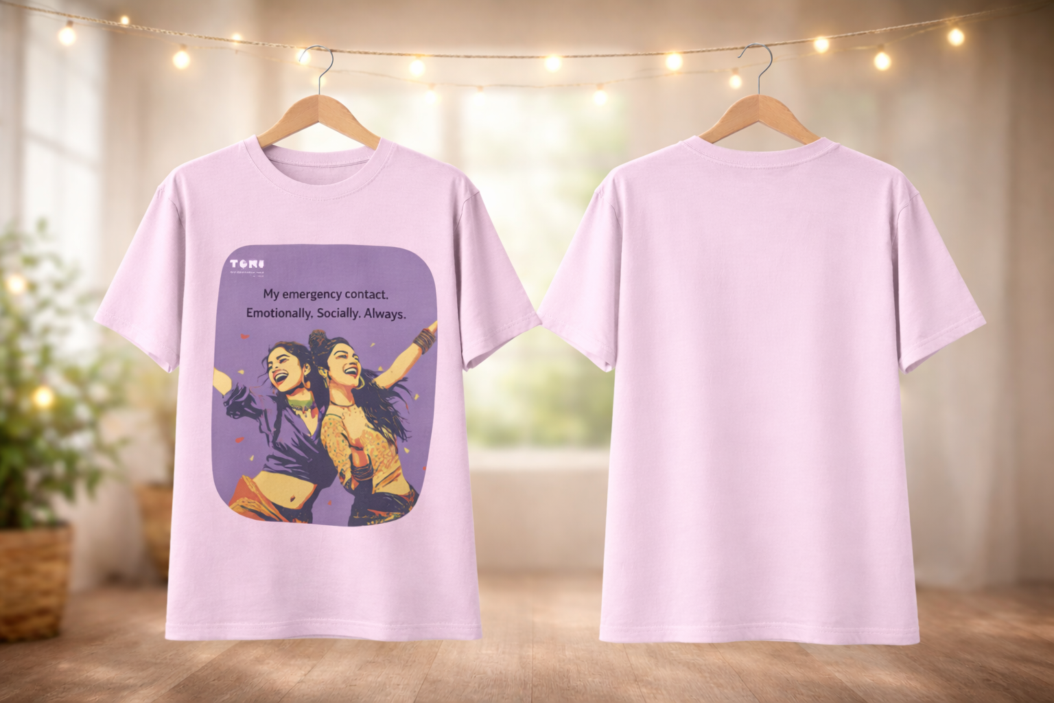 Light purple t-shirt with graphic design and text on a wooden surface with blurred lights in the background