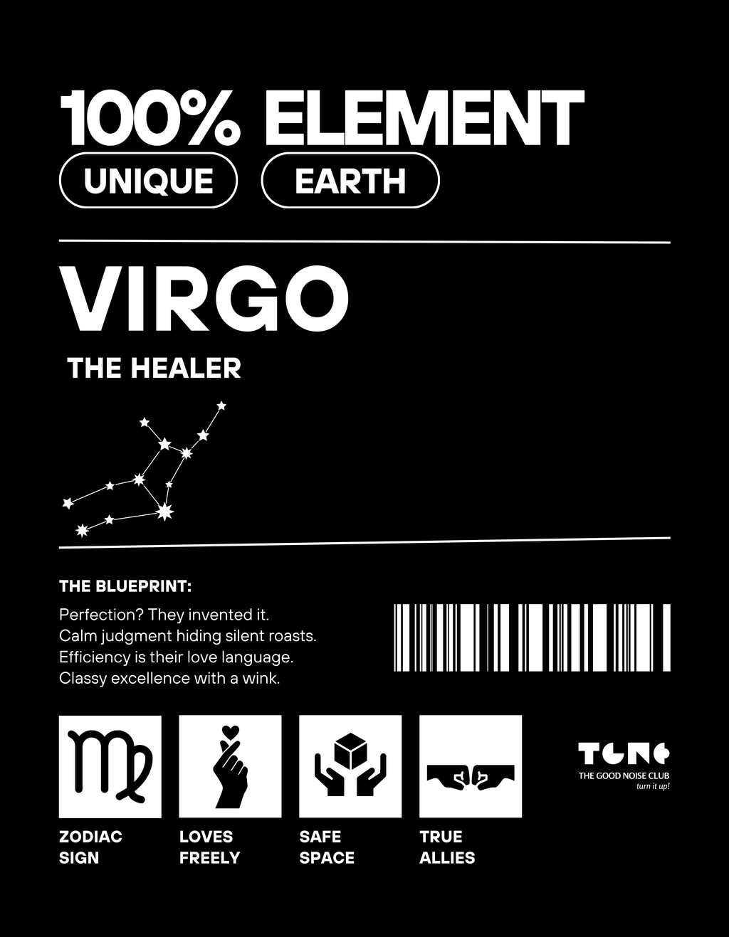 Black and white product packaging for '100% Element' with Virgo zodiac sign branding.