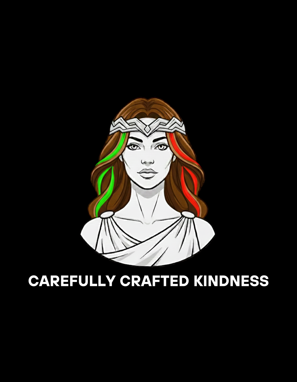 Illustration of a woman with colorful hair and 'Carefully Crafted Kindness' text on a black background