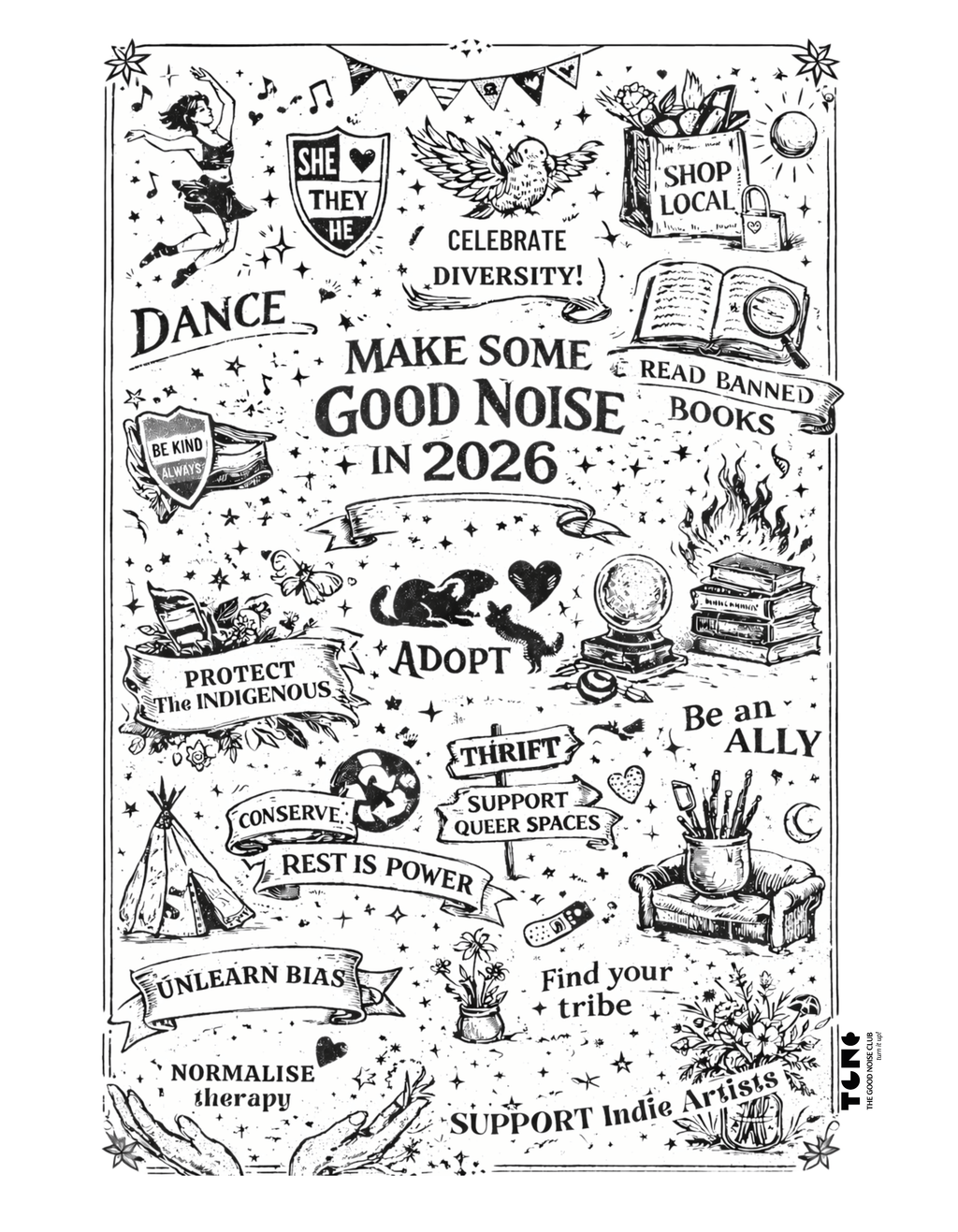 Illustrated poster with various text and graphics on a white background