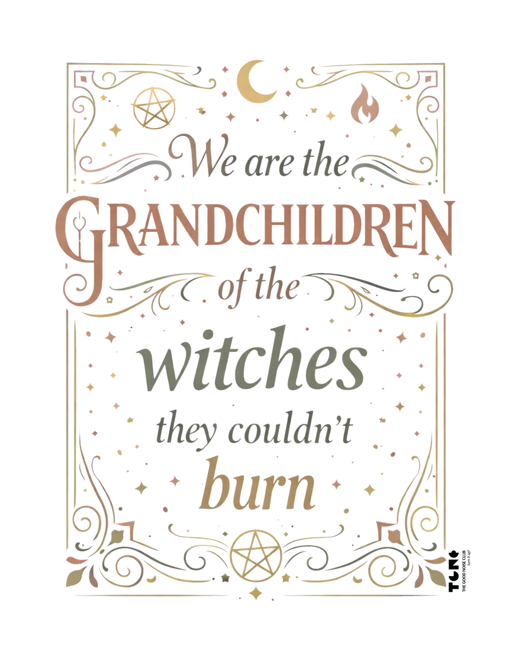 Decorative book cover with text 'We are the grandchildren of the witches they couldn't burn' and witch-themed illustrations.