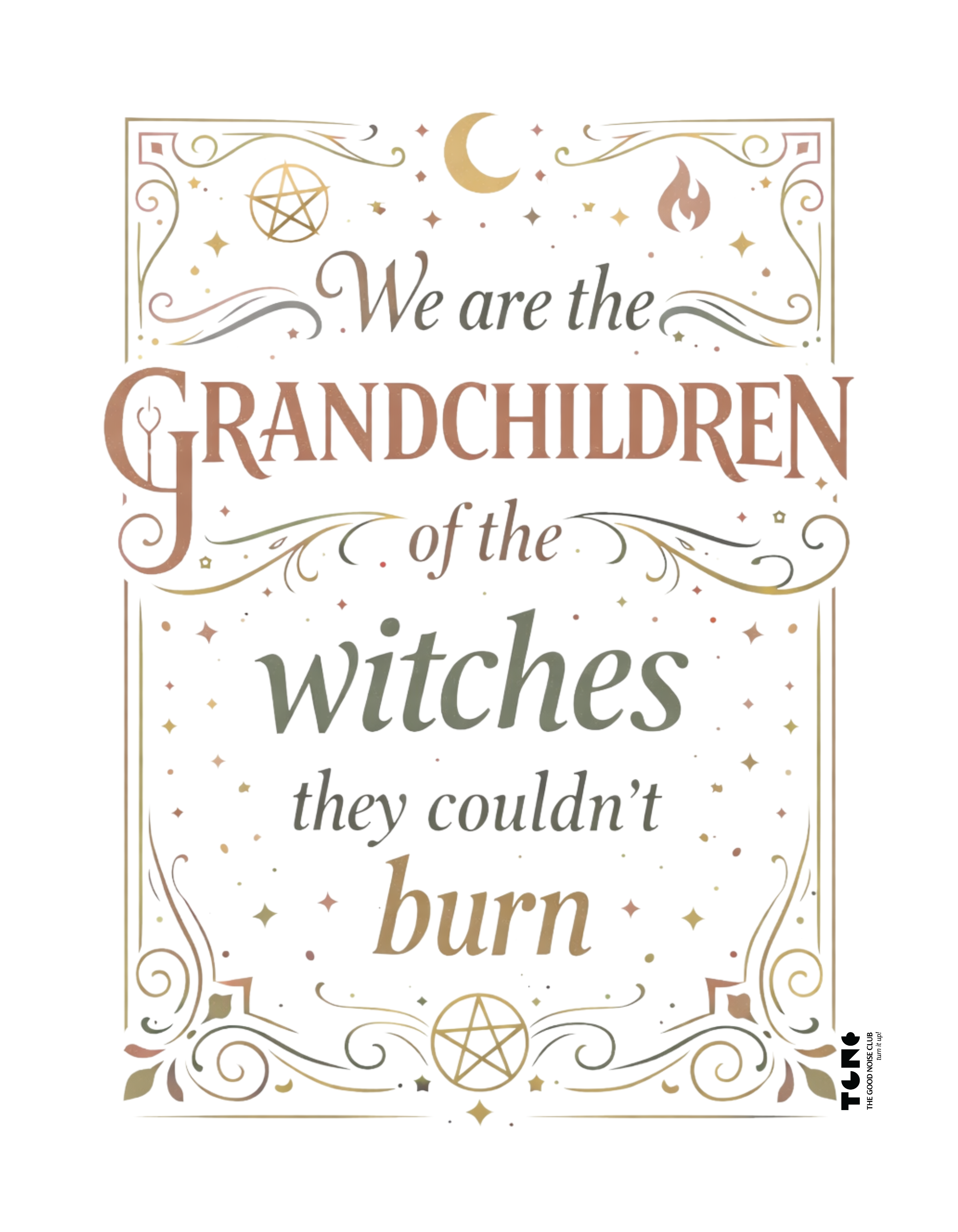 Decorative book cover with text 'We are the grandchildren of the witches they couldn't burn' and witch-themed illustrations.