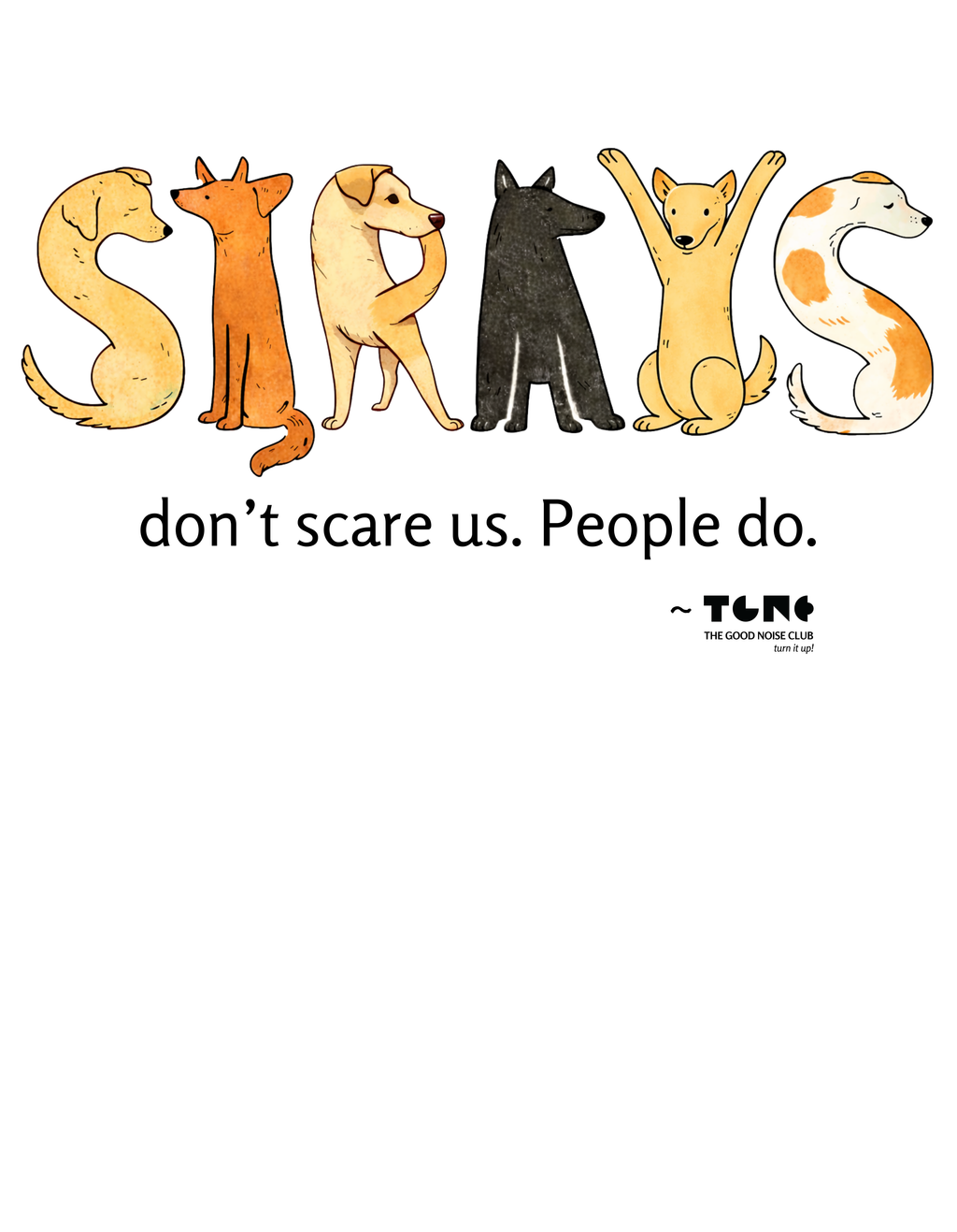 Illustration of six dogs in various poses with a humorous quote below on a white background.