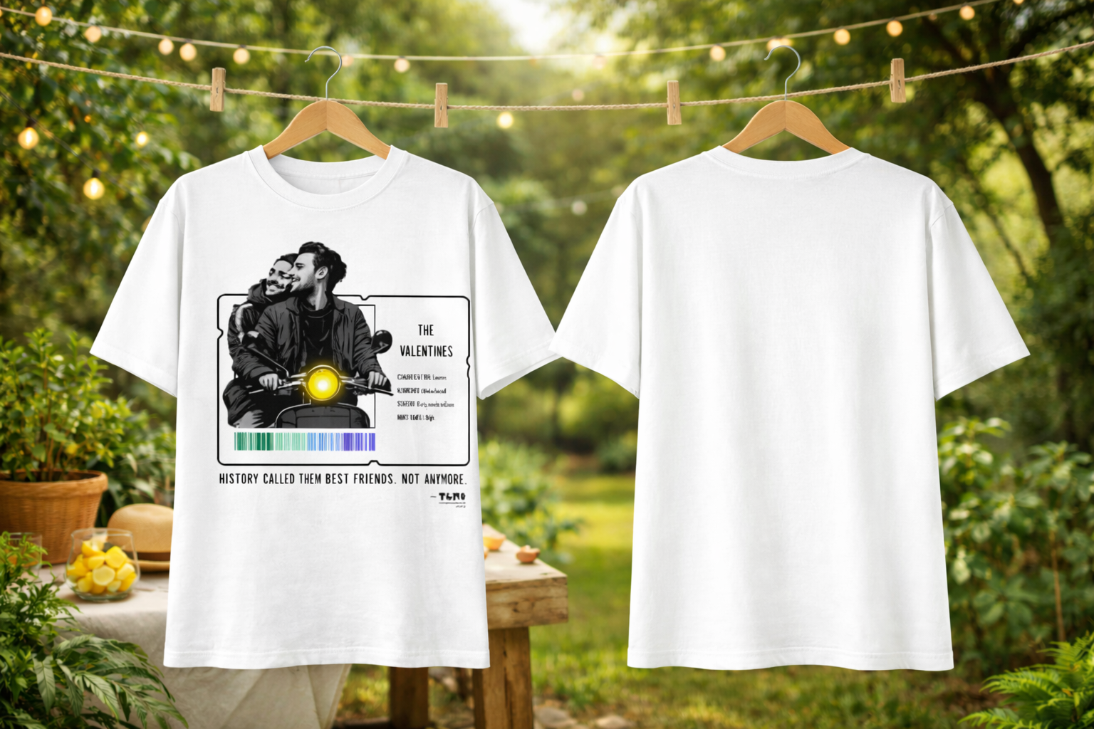 White t-shirt with graphic design on a hanger against a natural background