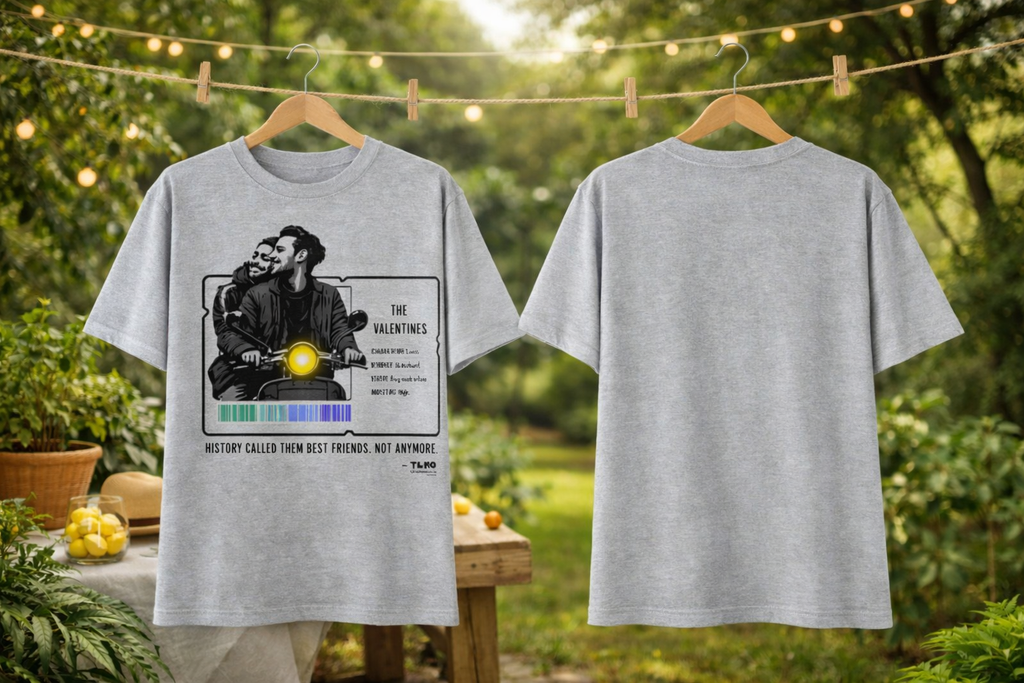 Gray t-shirt with graphic design on a hanger against a natural background