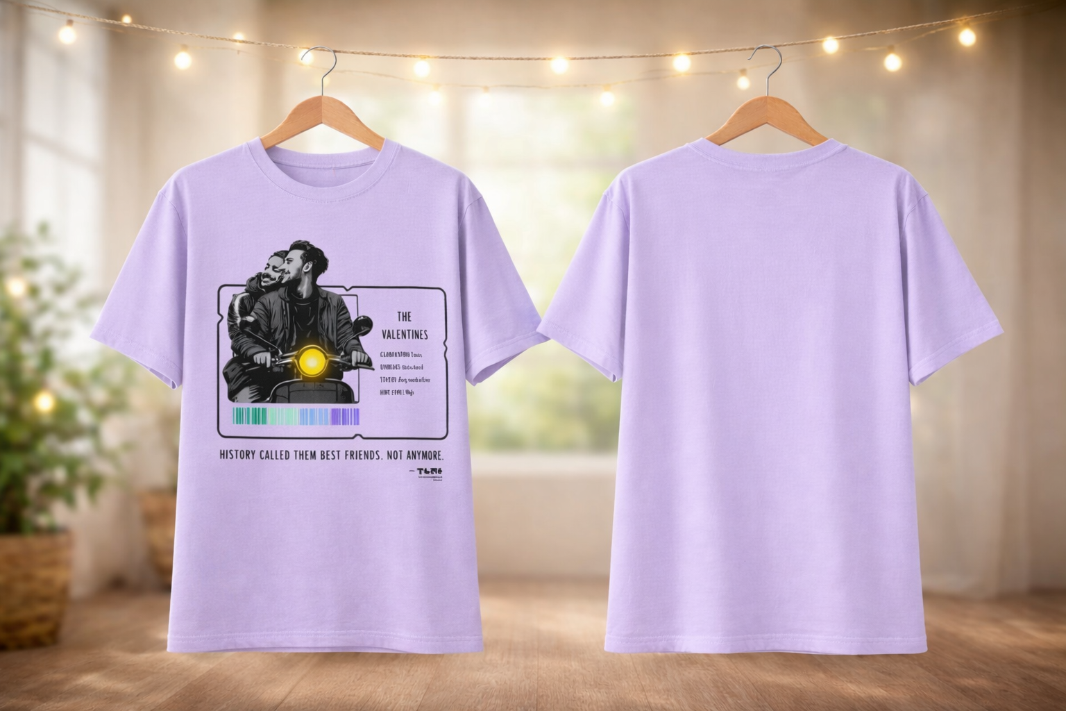 Light purple t-shirt with graphic design on a wooden floor with string lights in the background