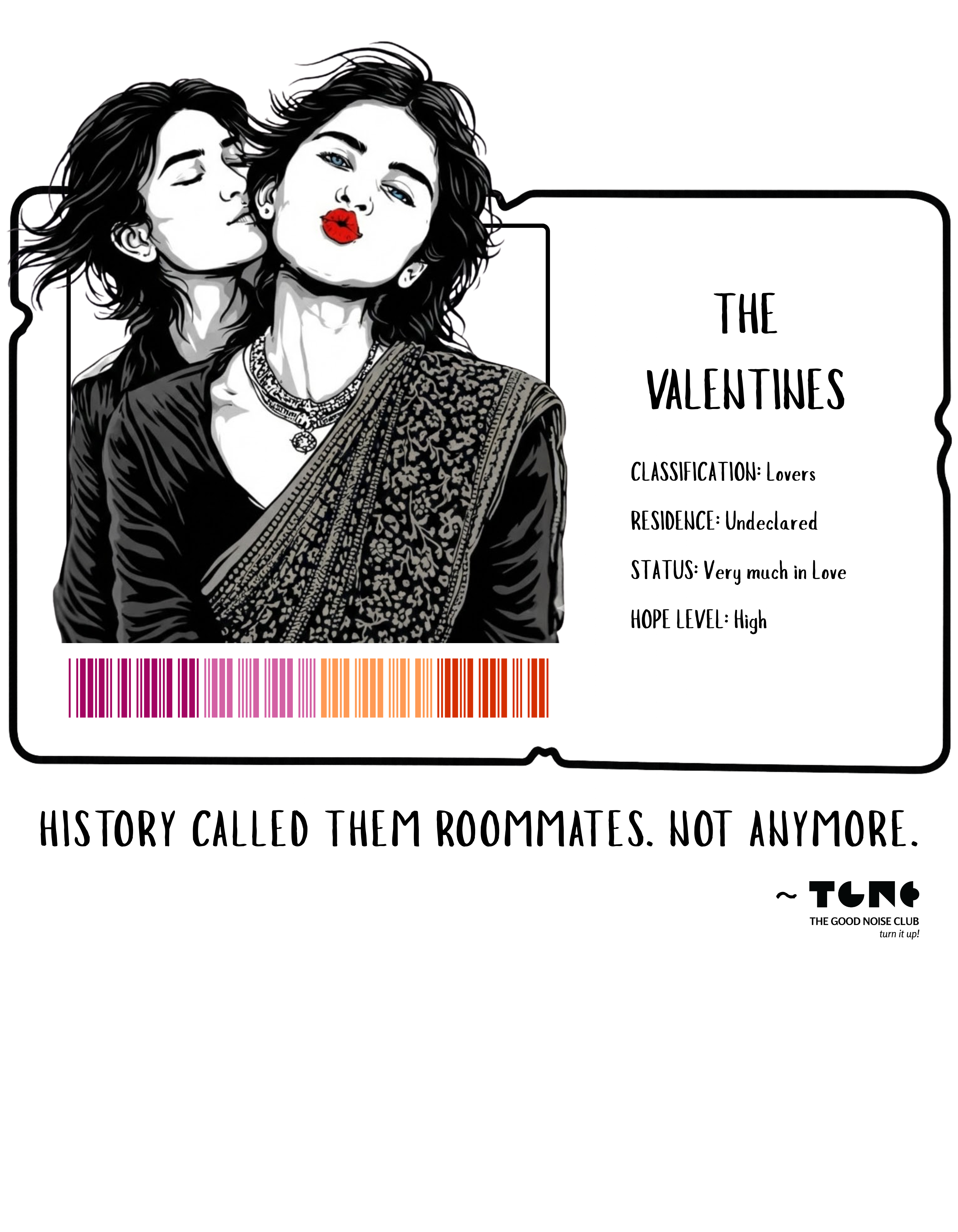 Illustration of two people embracing with text about roommates and a barcode design.