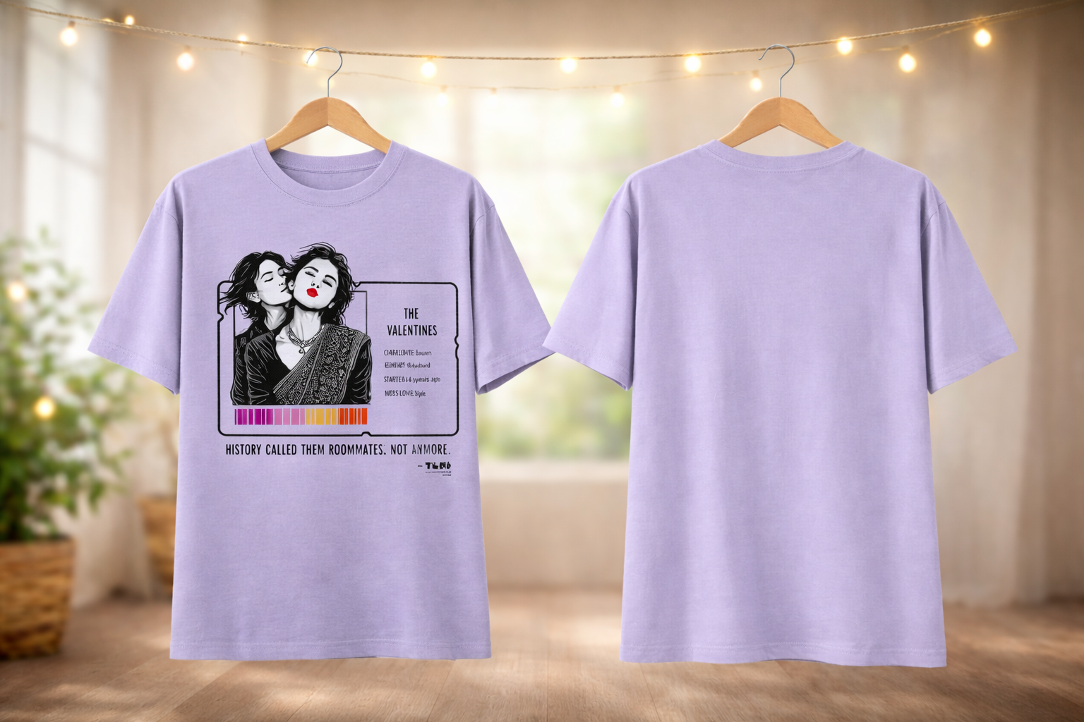 Light purple t-shirt with graphic design on a wooden floor with string lights in the background