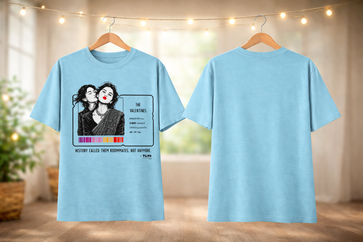 Light blue t-shirt with graphic design on a hanger against a blurred indoor background.