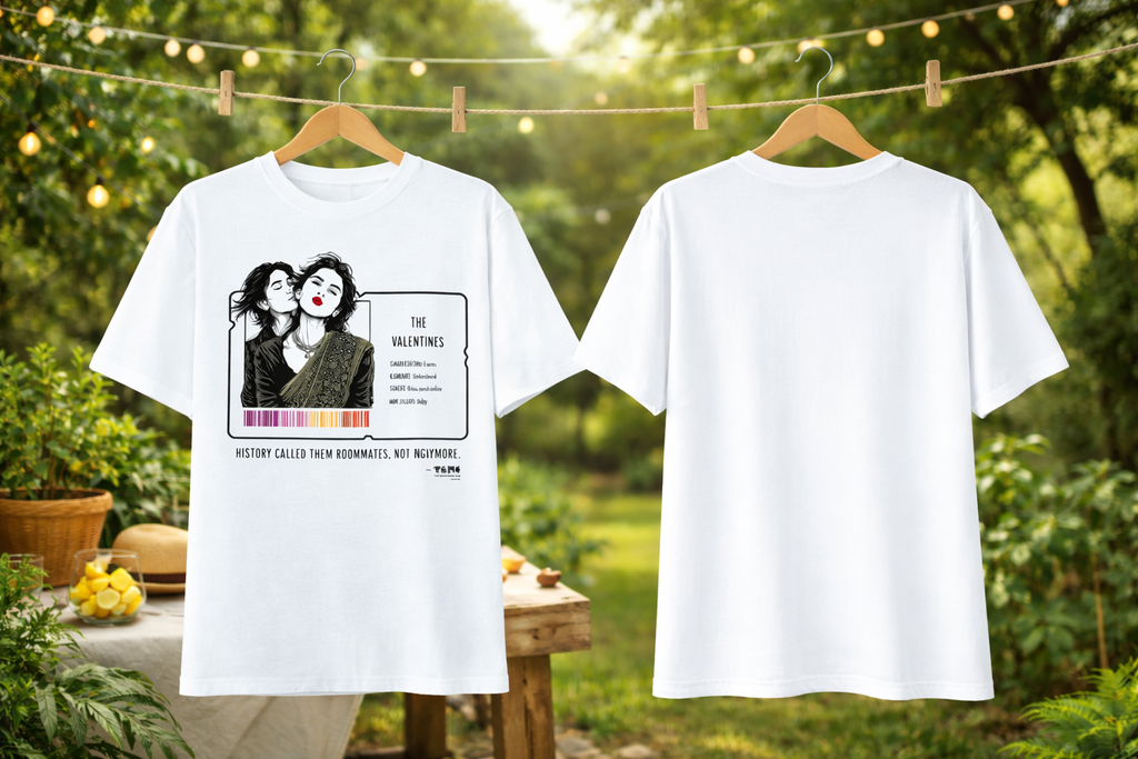 White t-shirt with graphic design on a hanger against a natural background