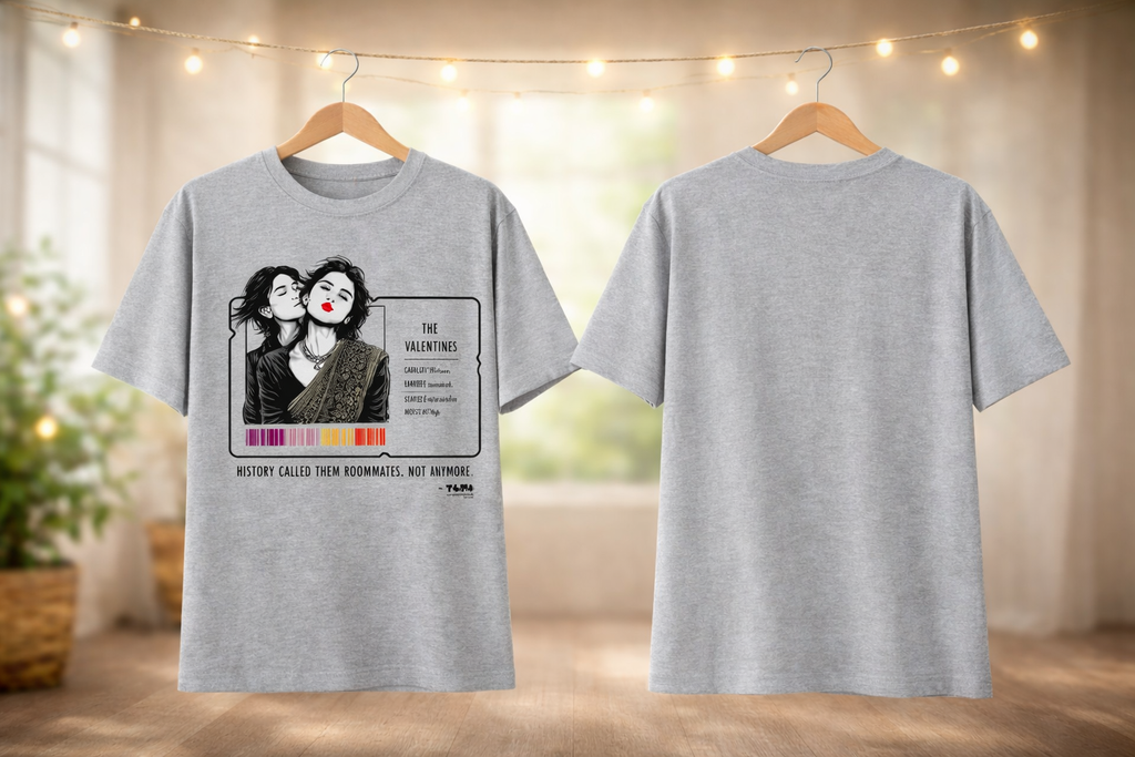 Gray t-shirt with graphic design on a hanger against a blurred indoor background