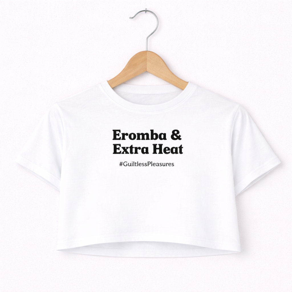 White t-shirt with text on a hanger against a white background