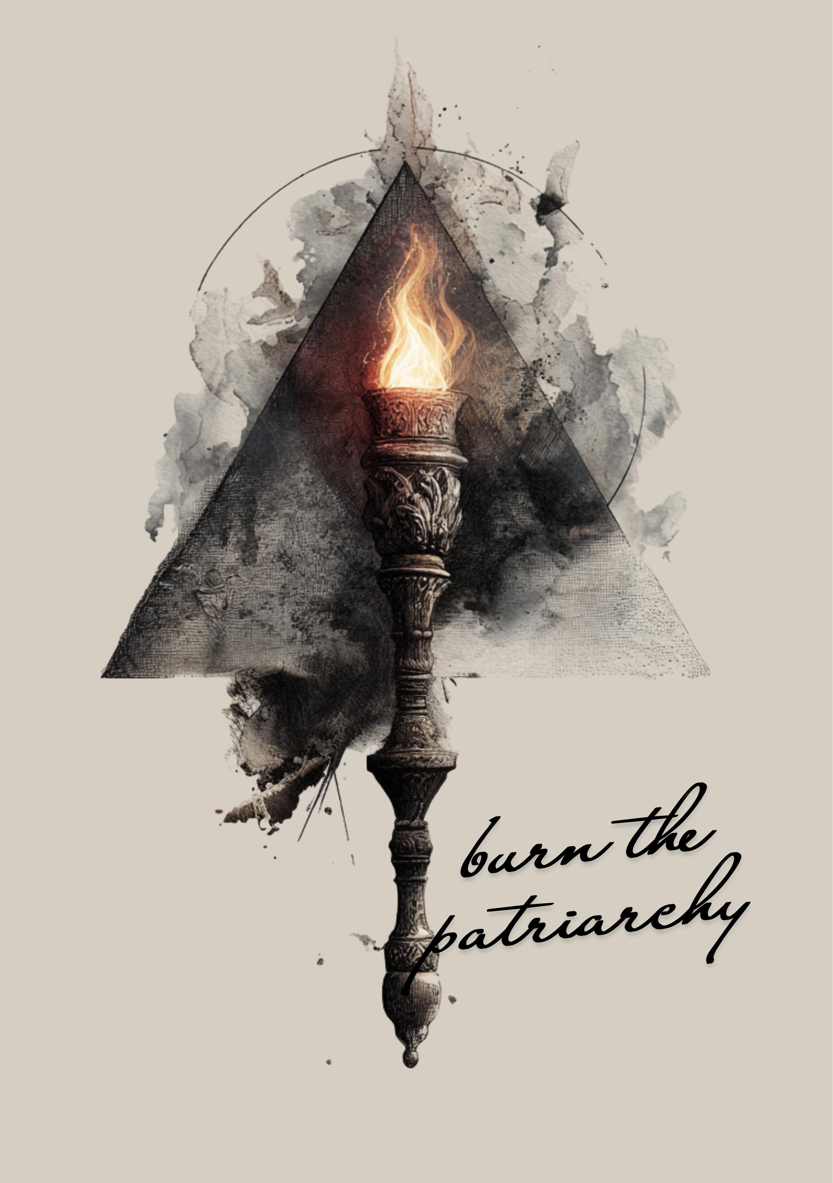 Futuristic torch with flame inside a triangle, surrounded by abstract elements on a beige background with 'burn the patriarchy' text.