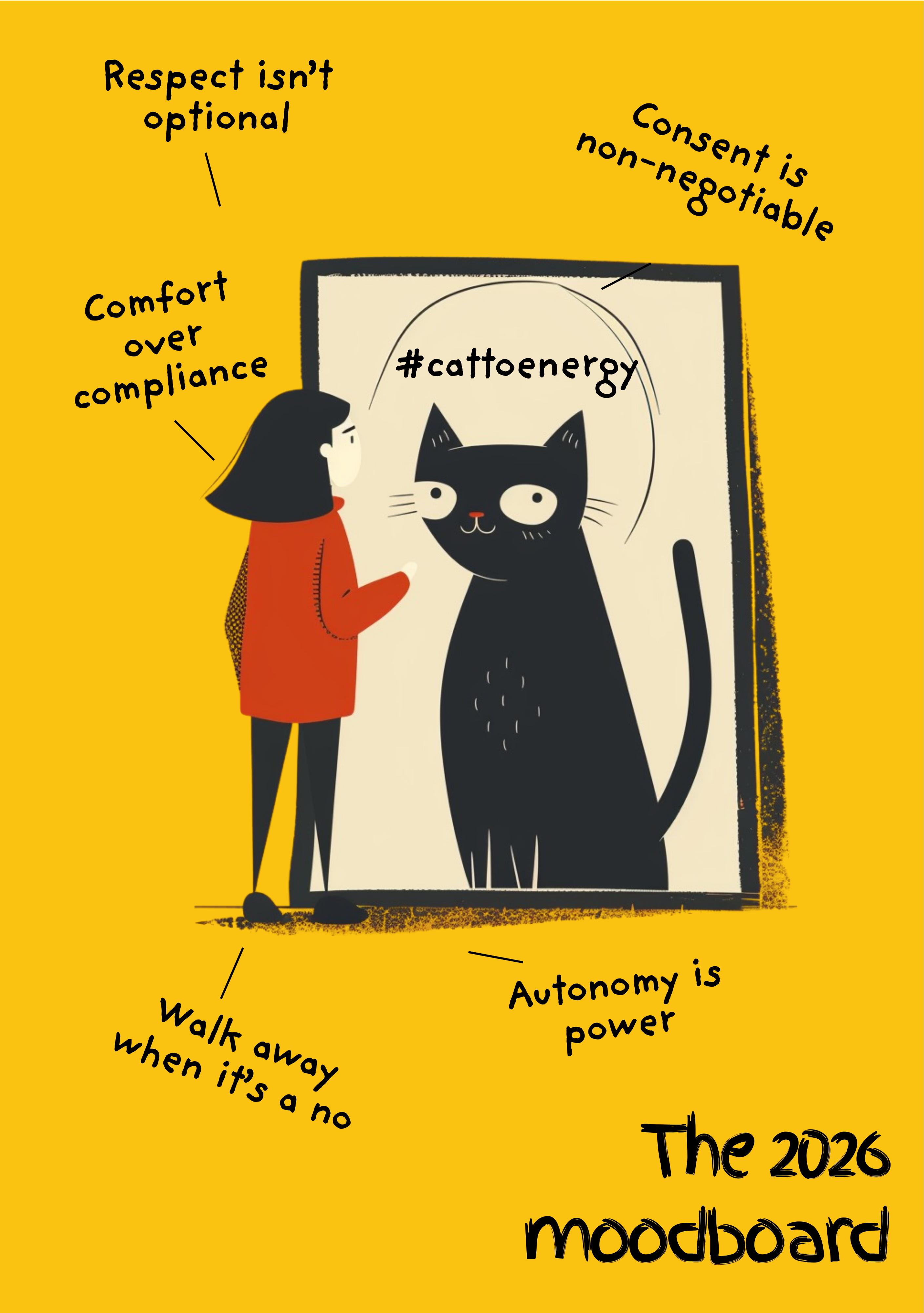 Illustration of a person interacting with a black cat in a frame, with text on a yellow background.