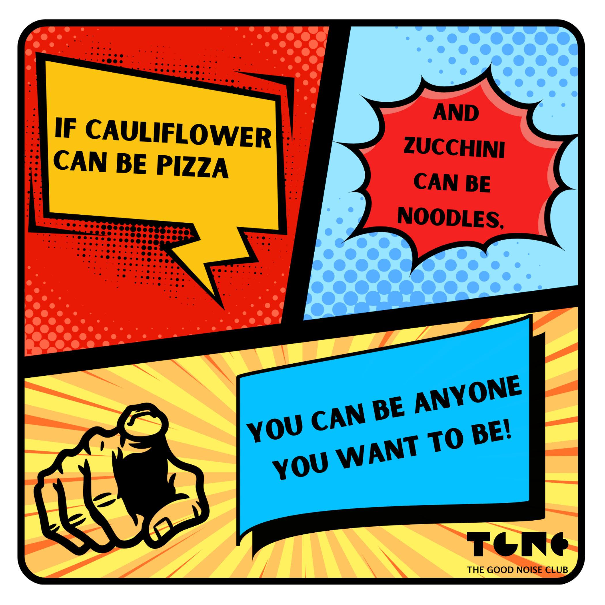 Comic-style illustration with text bubbles and a fist, featuring motivational message.