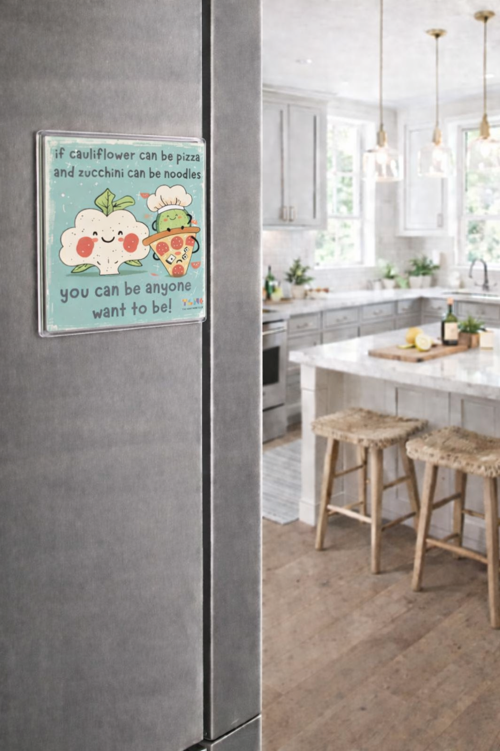 Kitchen interior with a motivational poster on a refrigerator
