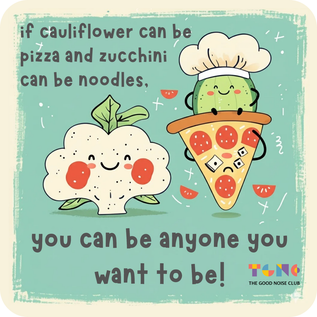 Cartoon cauliflower and zucchini with pizza and noodles, featuring a motivational quote on a light blue background.