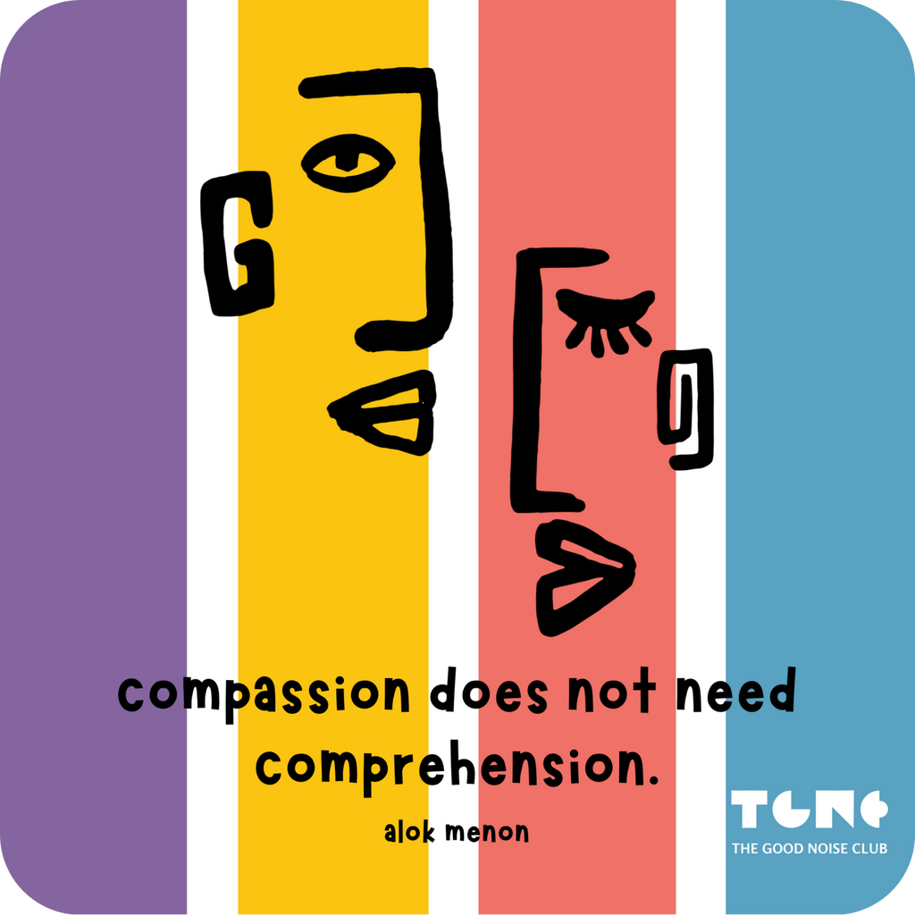 Colorful abstract design with a face and a quote by Alok Vaid menon on a striped background.