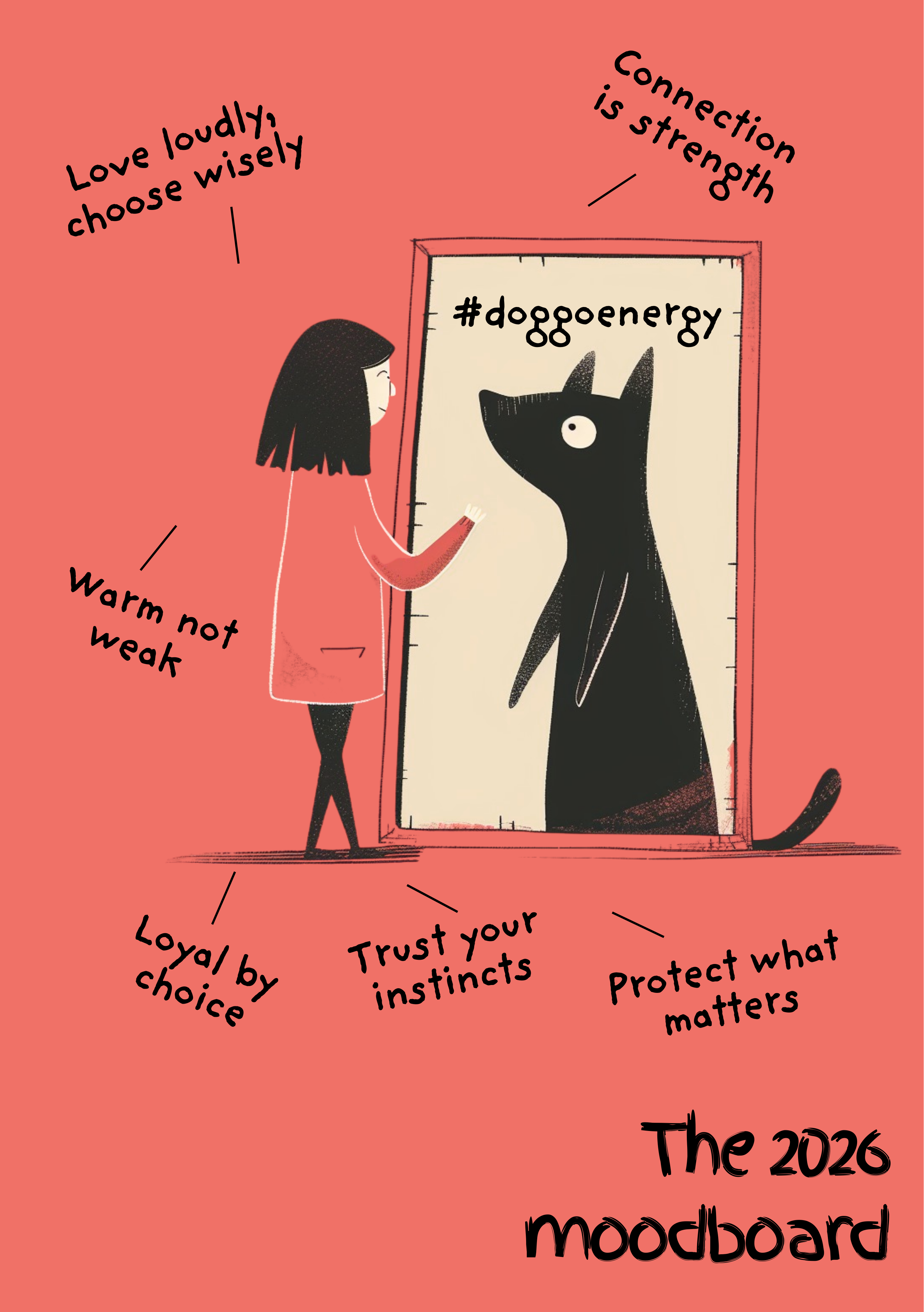 Illustration of a person and a dog with motivational phrases on a pink background, titled 'The 2026 Moodboard'.