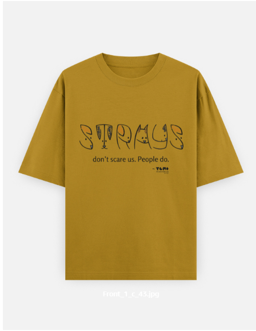 Mustard yellow t-shirt with black text on a white background