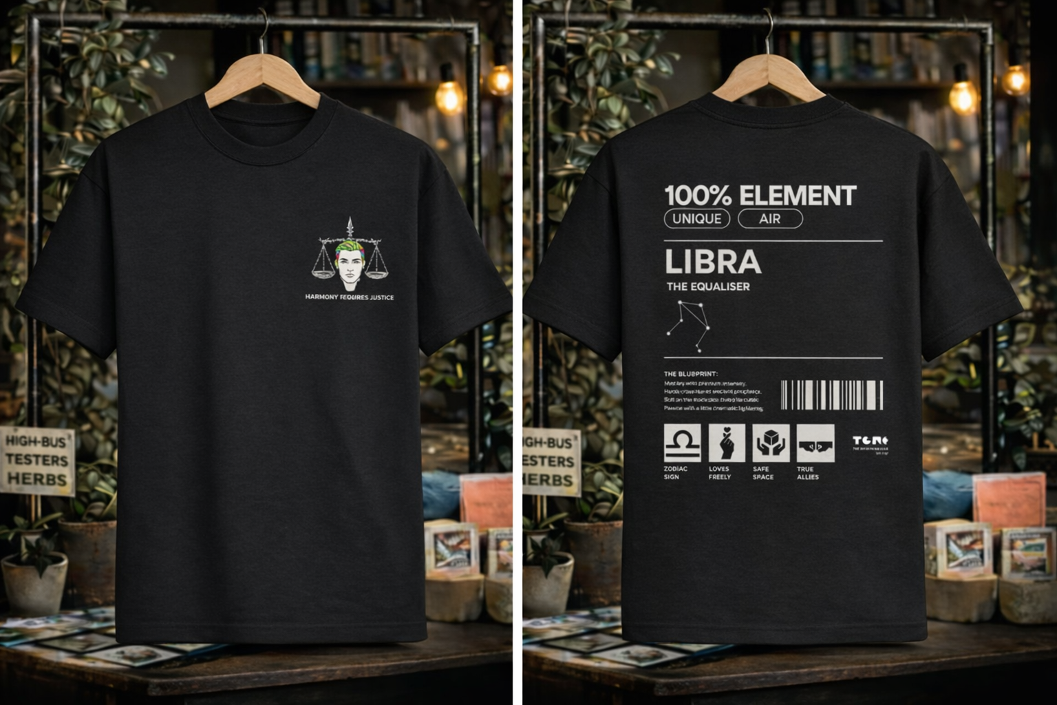 Black t-shirt with graphic design on front and back, displayed on hangers against a rustic background.