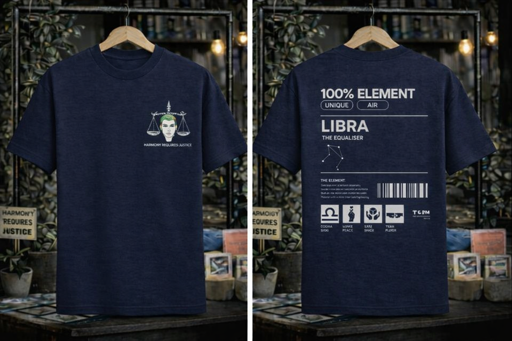 Navy blue t-shirt with Libra zodiac design on a wooden hanger against a rustic background.