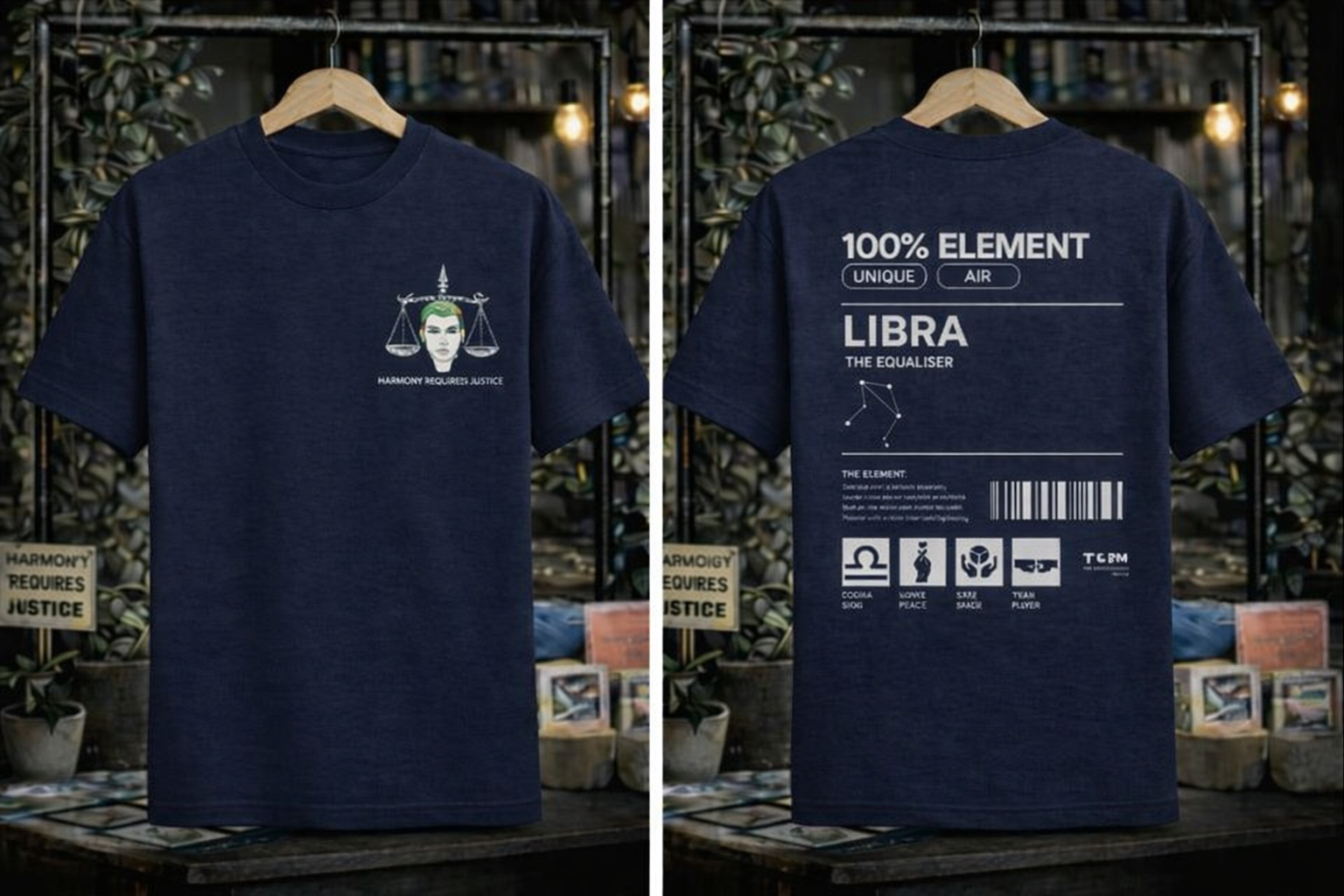 Navy blue t-shirt with Libra zodiac design on a wooden hanger against a rustic background.