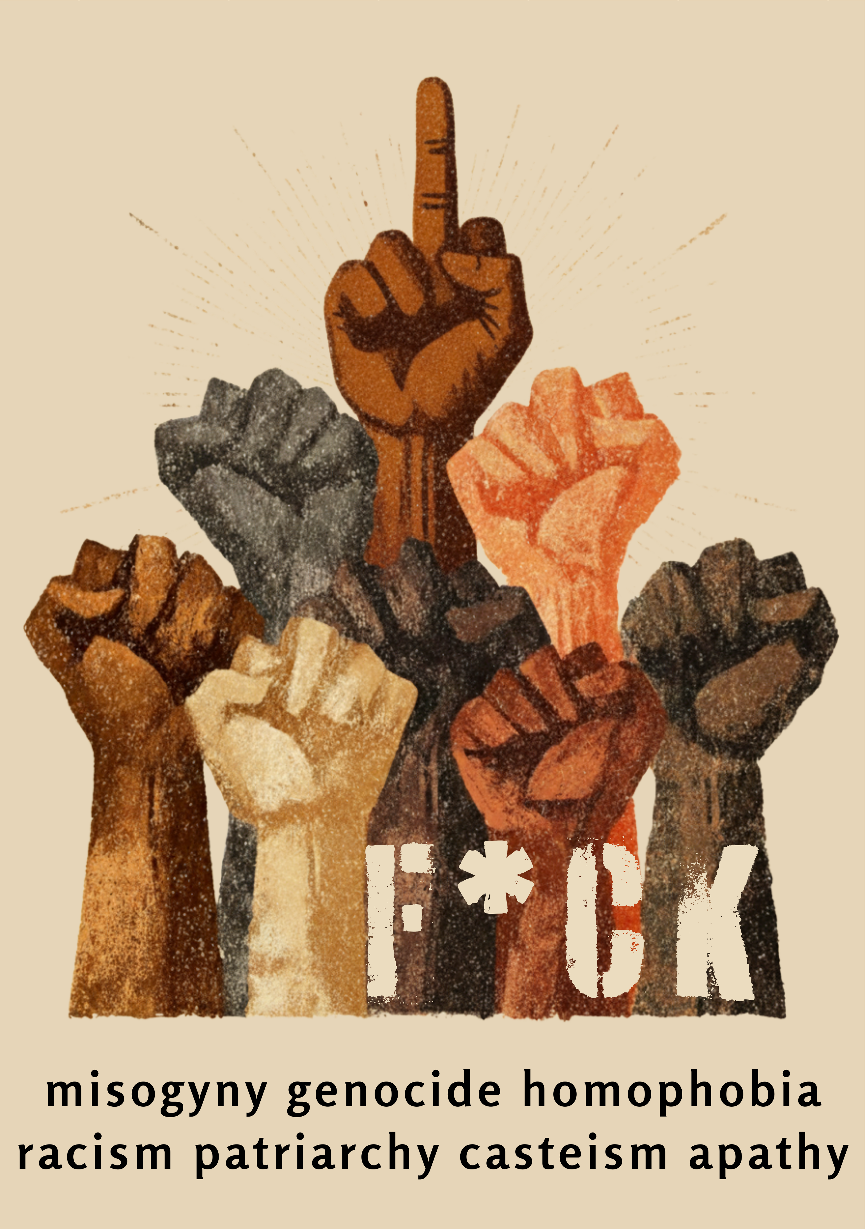 Illustration of raised fists in various colors with a graphic of a censored word below on a beige background.