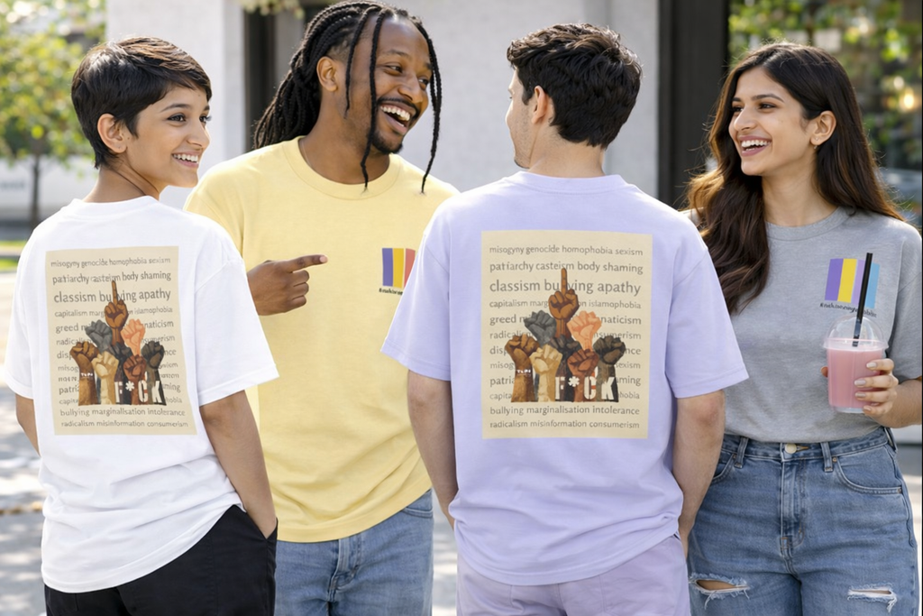 Four people wearing t-shirts with graphic designs and text, standing outdoors.