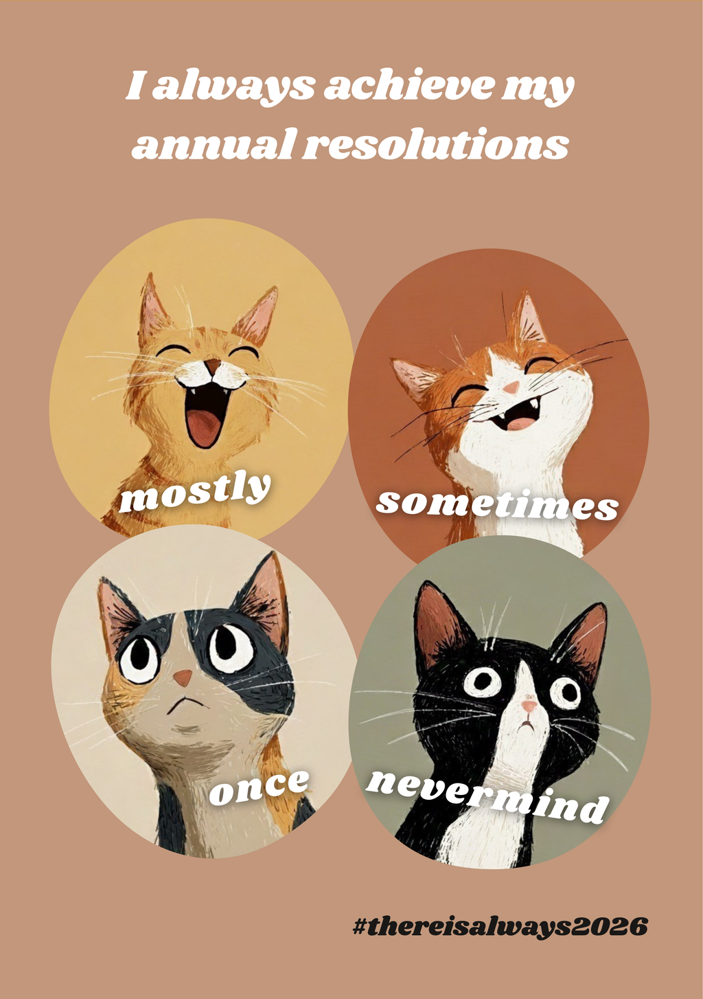 Four cartoon cats with different expressions and text on a brown background