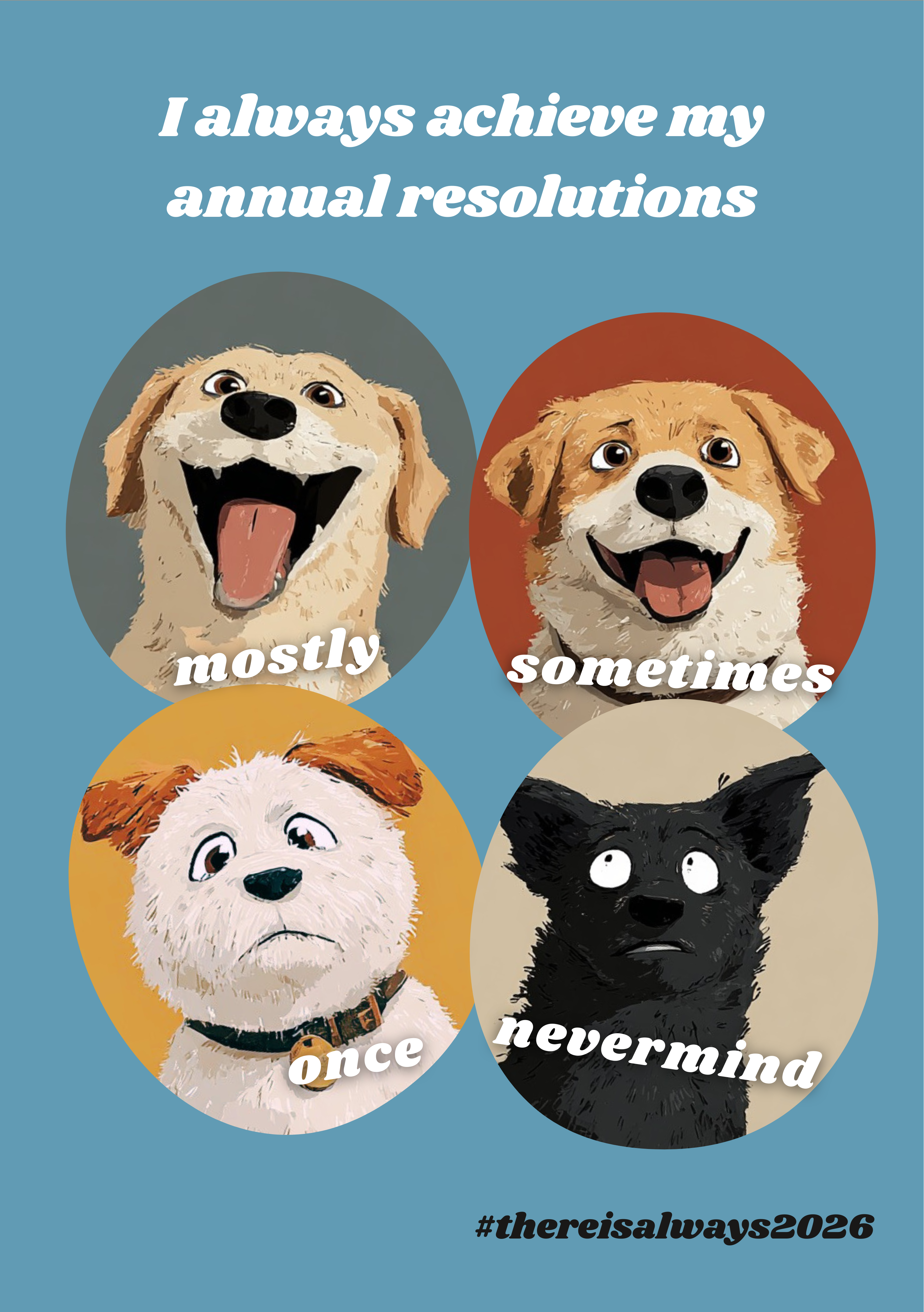 Four dog illustrations with different expressions and text on a blue background