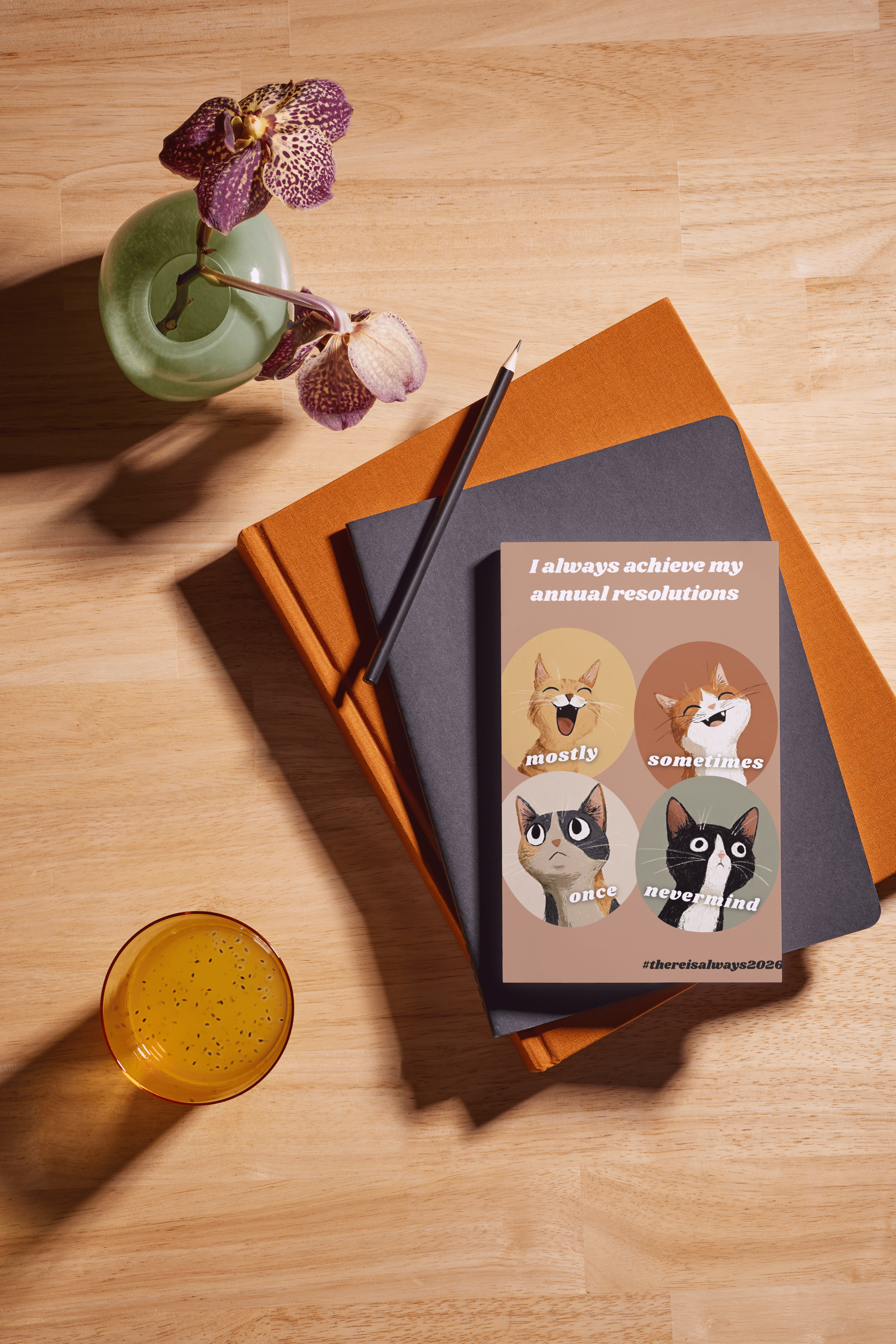 Notebooks with a cat-themed bookmark on a wooden surface with a drink and flowers.