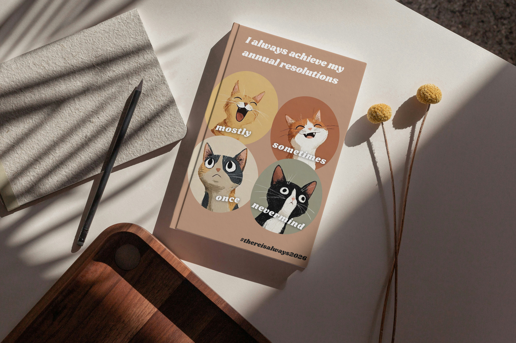 Phone case with cat illustrations and text on a table with a pen and notebook.