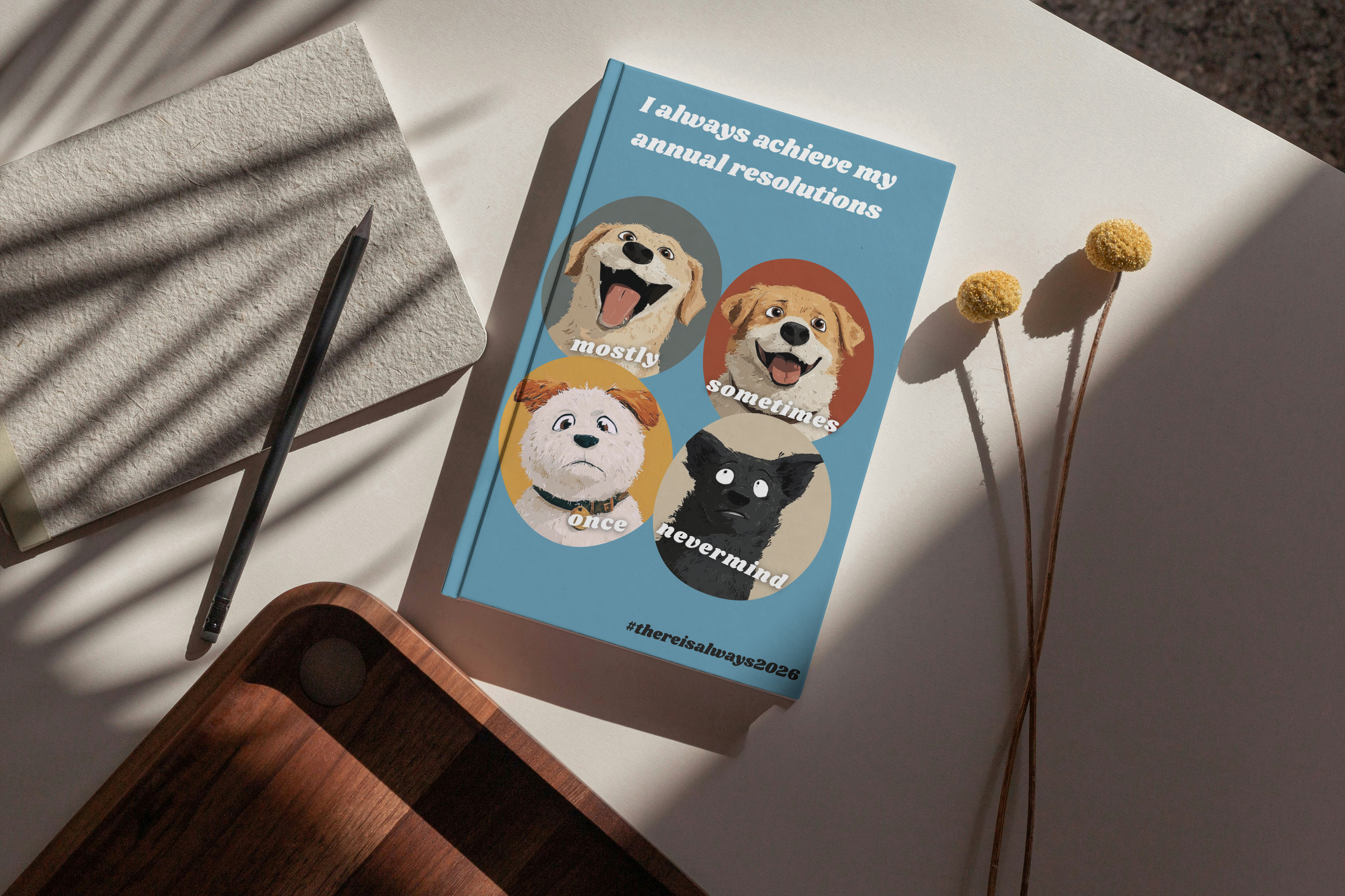 Book with dog illustrations and text on a table with a pen and plant